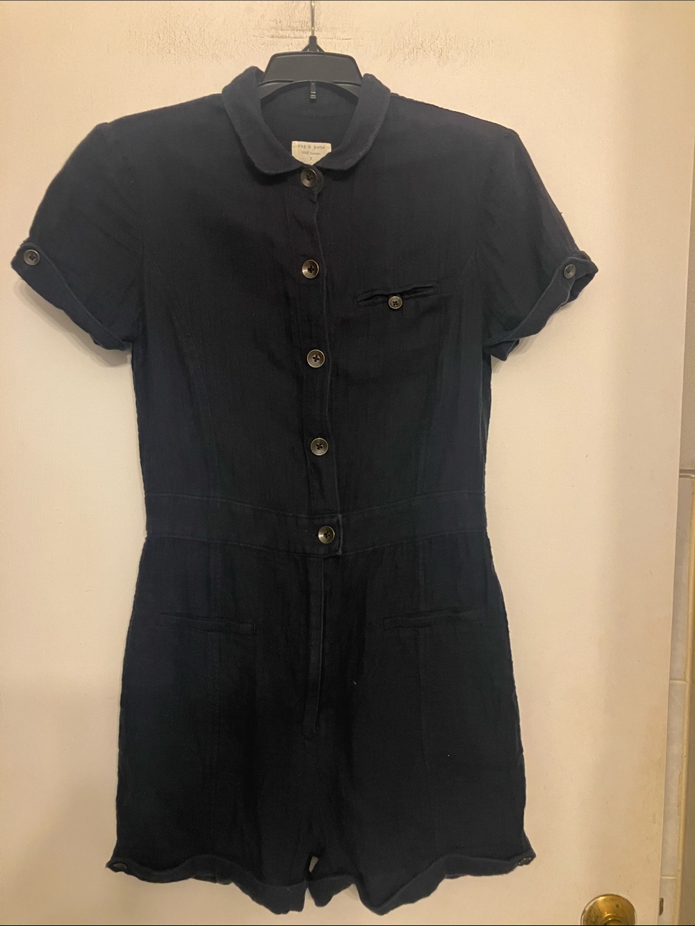 Rag & Bone navy blue cuffed SS button-down +zip 100% cotton romper 2 (XS)